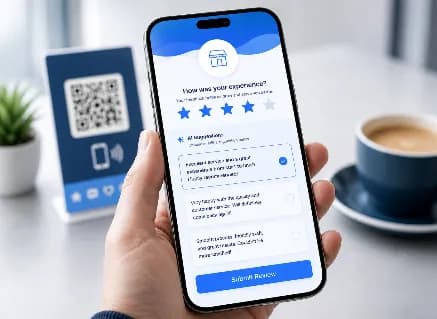 Review page opening on a phone with AI-written review suggestions