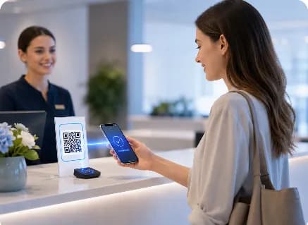 Customer scanning or tapping the Review Ninja QR standee at the counter
